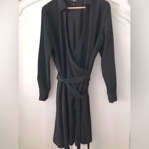 Mossimo Faux Wrap Black Belted Long-sleeve Shirt Dress LBD Knee Length Size L